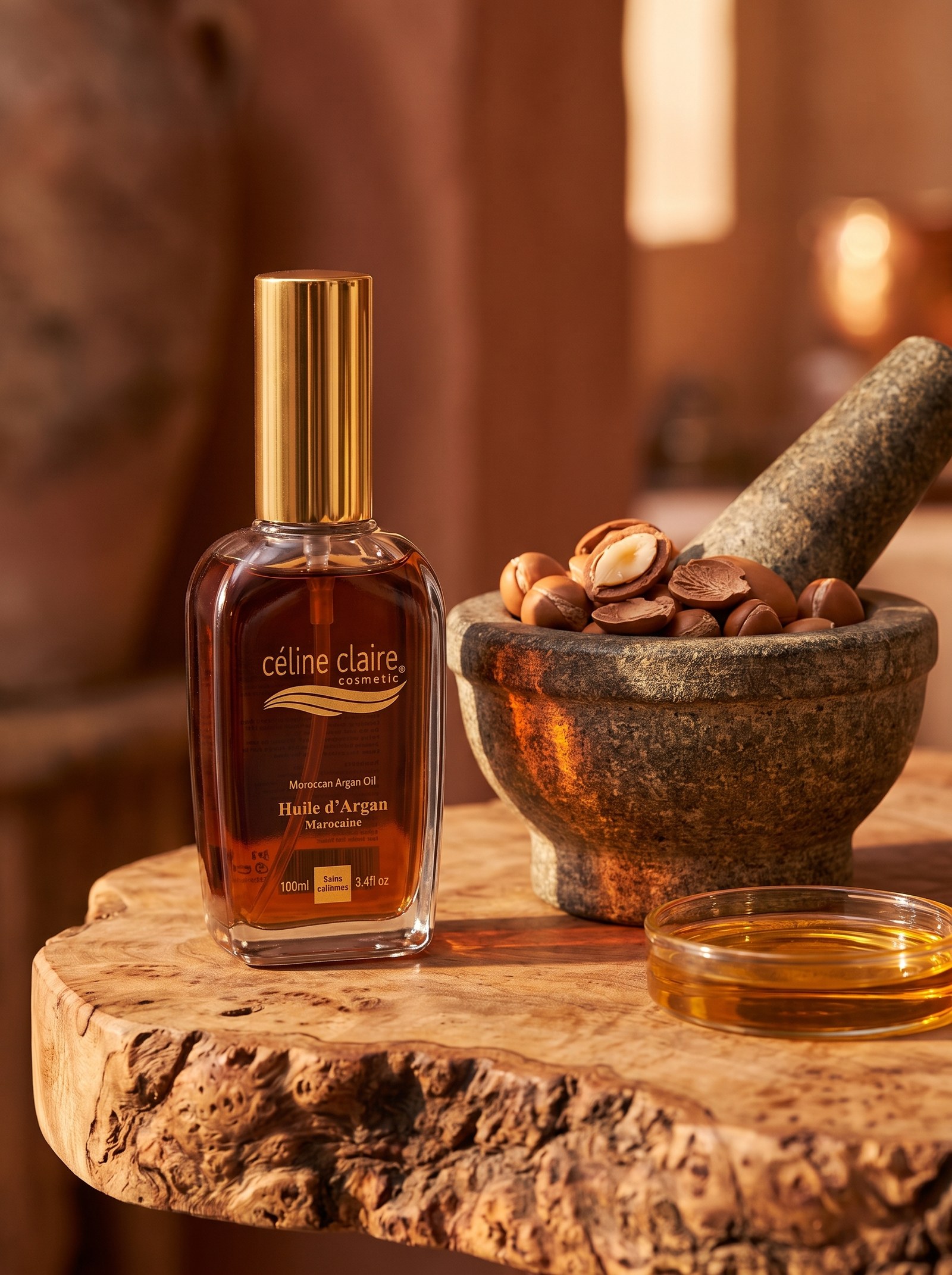 Argan kernels in a stone mortar beside the Céline Claire Moroccan Argan Oil bottle