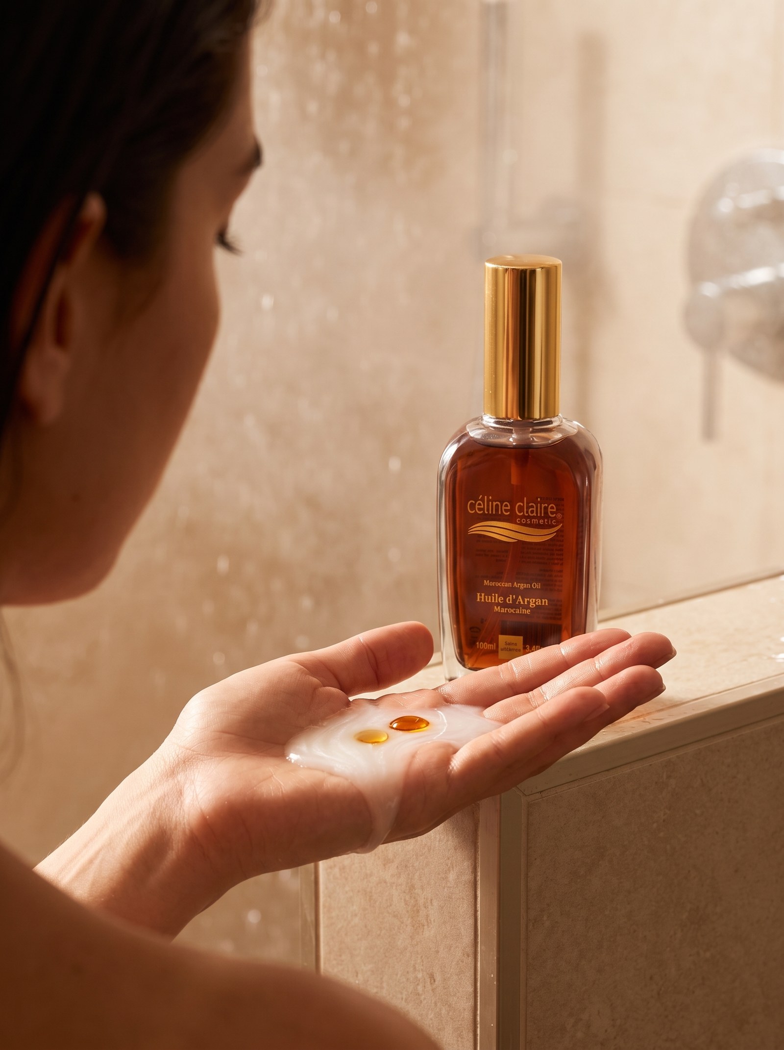 Shampoo boost preview: adding argan-oil drops to shampoo in the shower