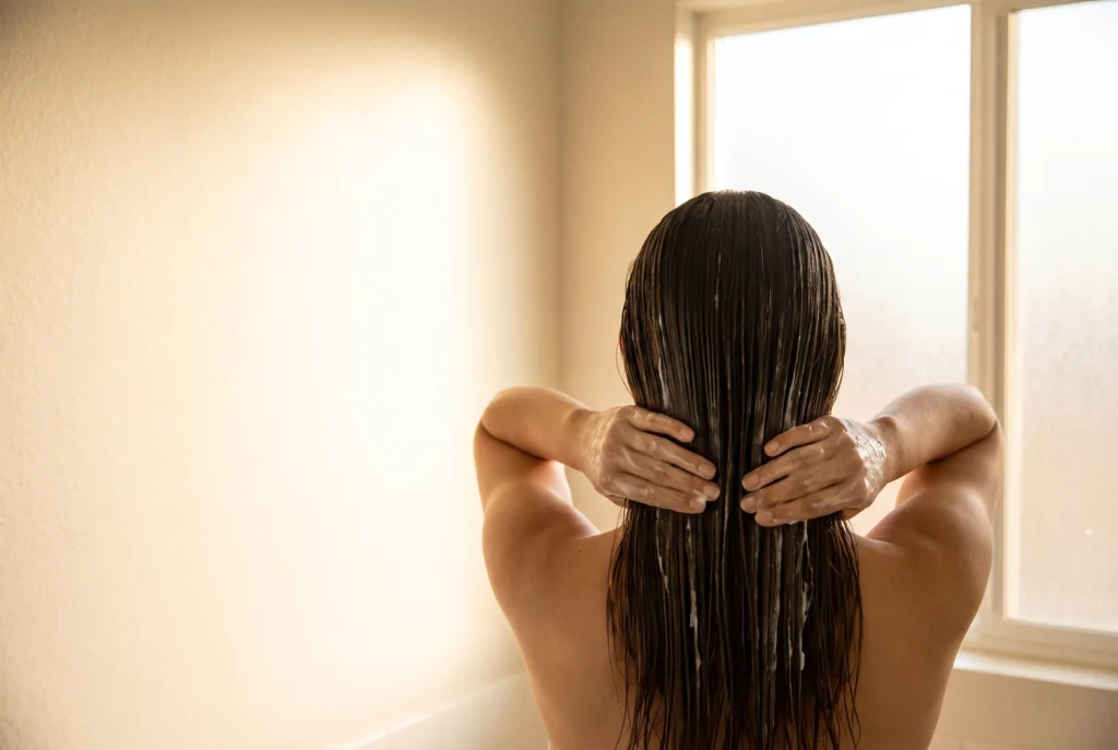 Hands smoothing a rich cream conditioning treatment through long wet dark hair