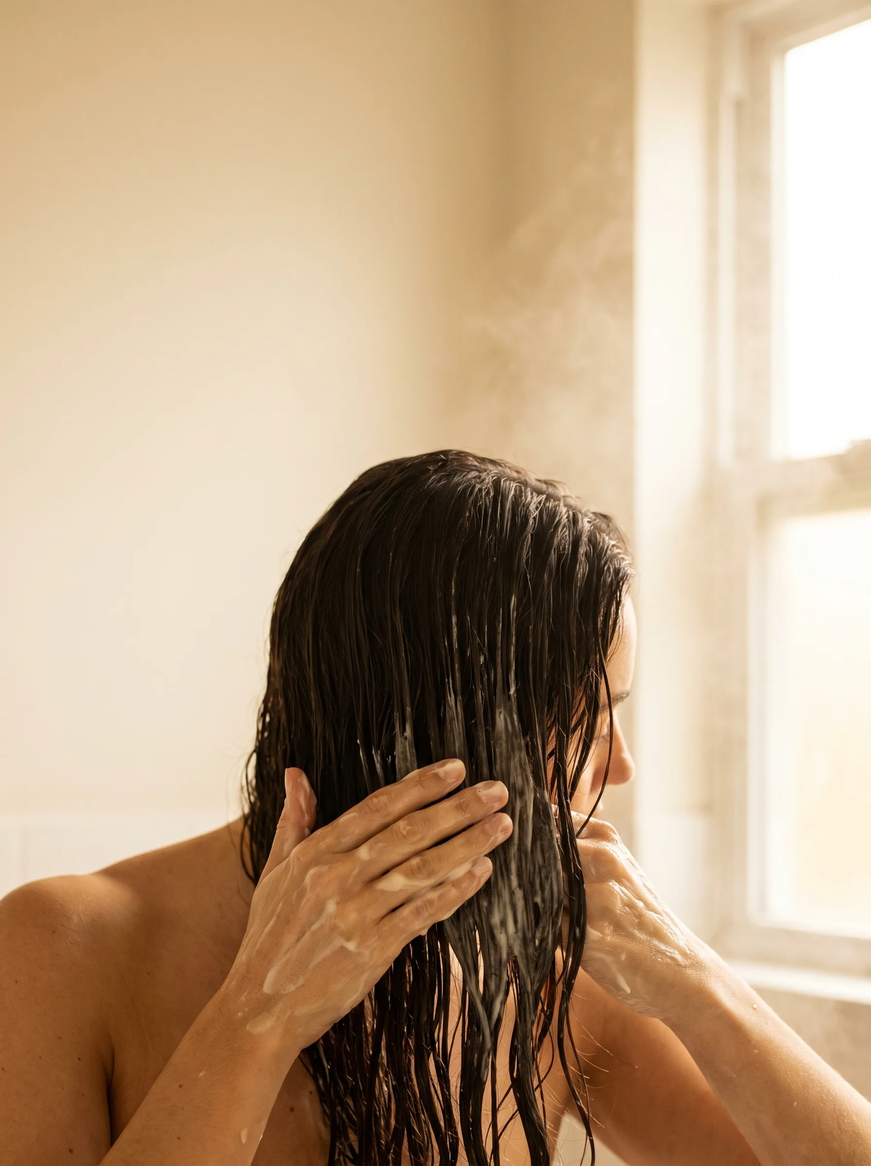 Hands smoothing a rich cream conditioning treatment through long wet dark hair