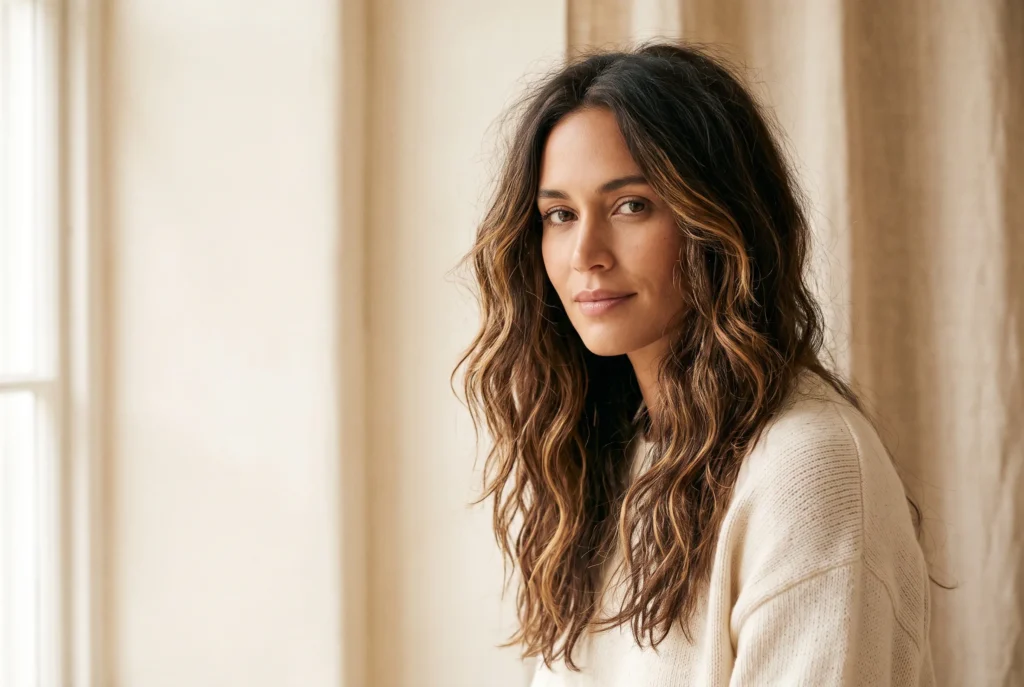 Naturally textured wavy hair with soft controlled movement and a believable frizz halo