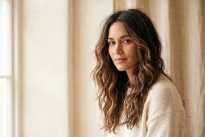 Naturally textured wavy hair with soft controlled movement and a believable frizz halo