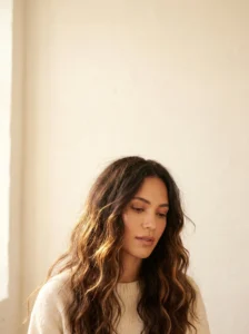 Naturally textured wavy hair with soft controlled movement and a believable frizz halo