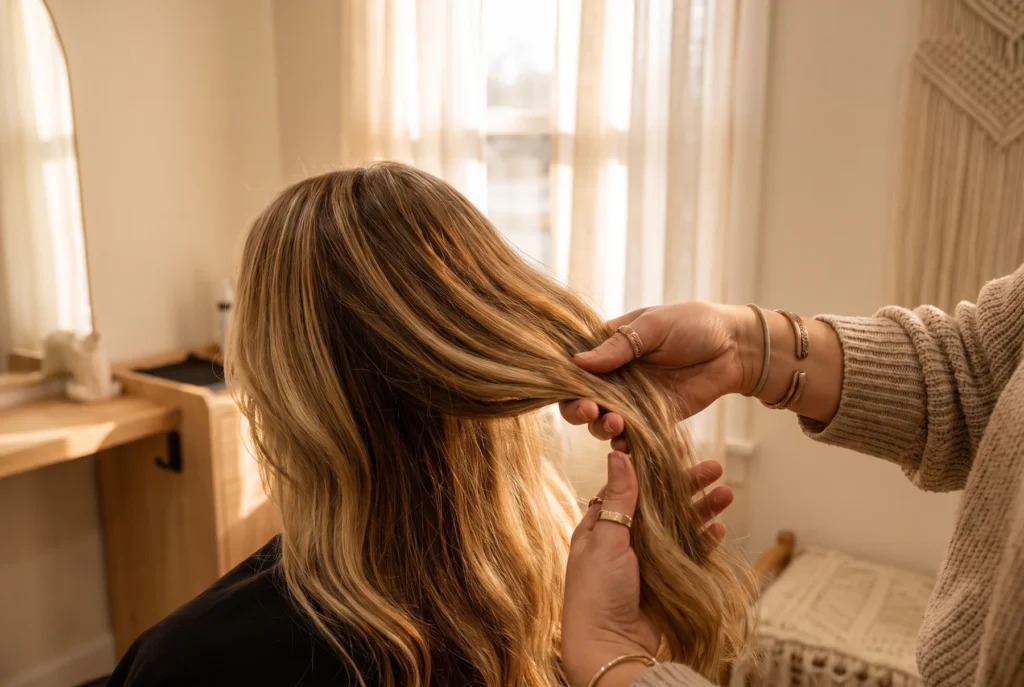 Stylist examining a client's colour-treated hair section under salon light