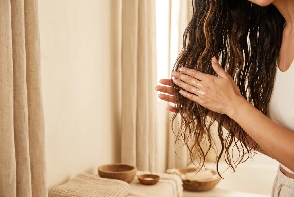 Hands smoothing a small amount of clear golden hair oil through damp dark lengths
