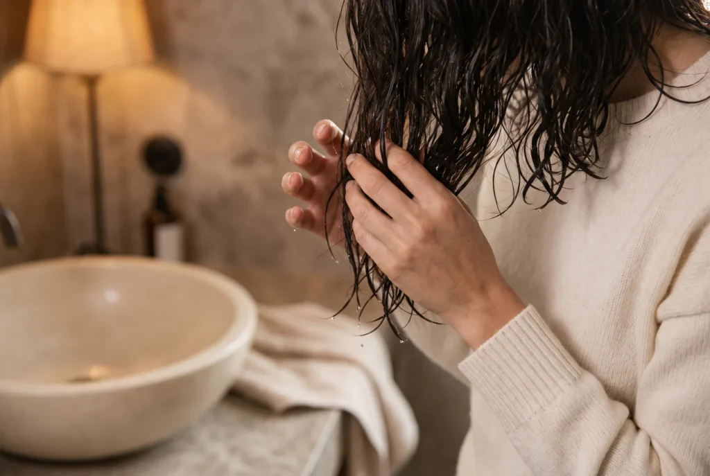 Fingers gliding through damp dark mid-lengths after distributing hair oil