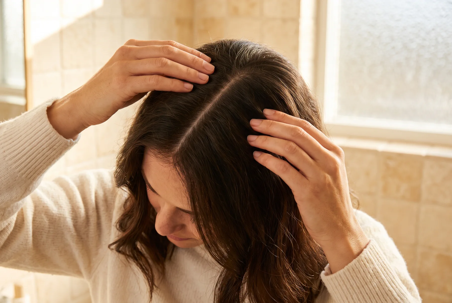Parting dark hair into a clean section to expose the scalp area
