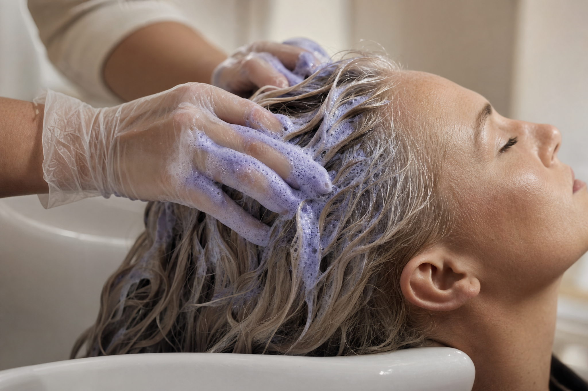 Applying purple shampoo to wet blonde hair while wearing gloves