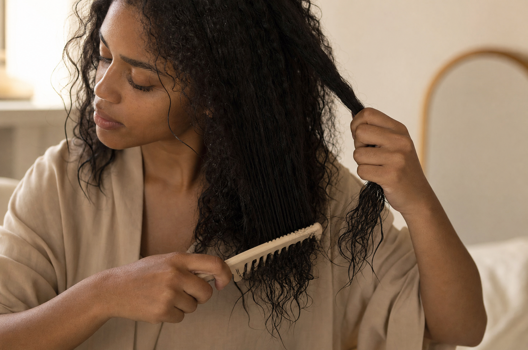 Detangling damp coily hair from the ends after leave-in cream