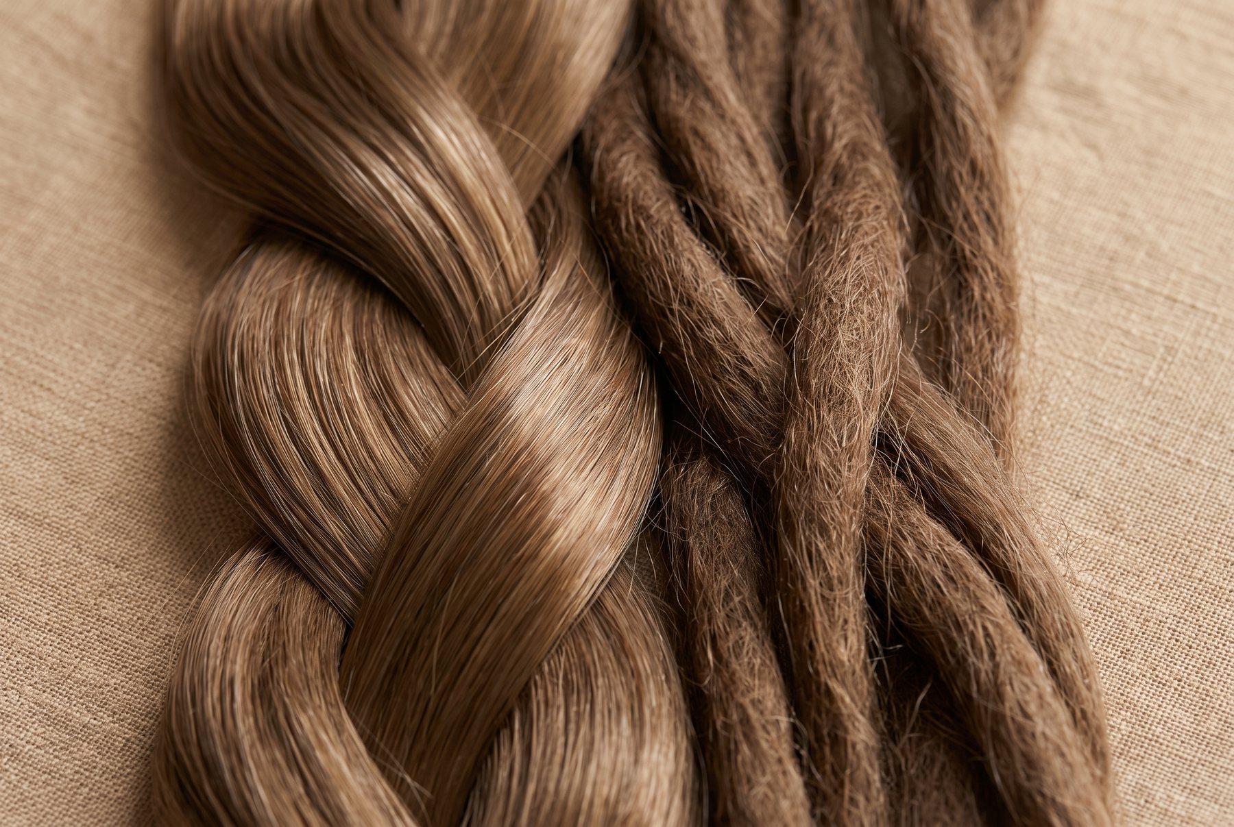 Smooth reflective hair strands beside rougher matte strands in natural light