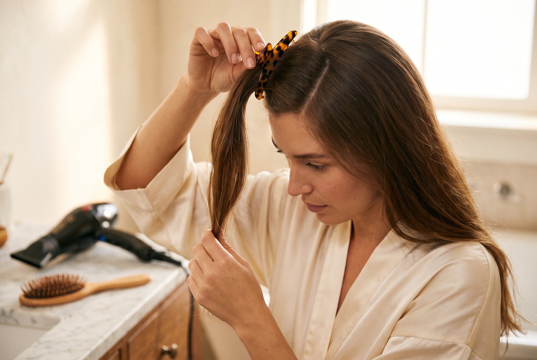 Sectioning hair with a clip before controlled blow-drying