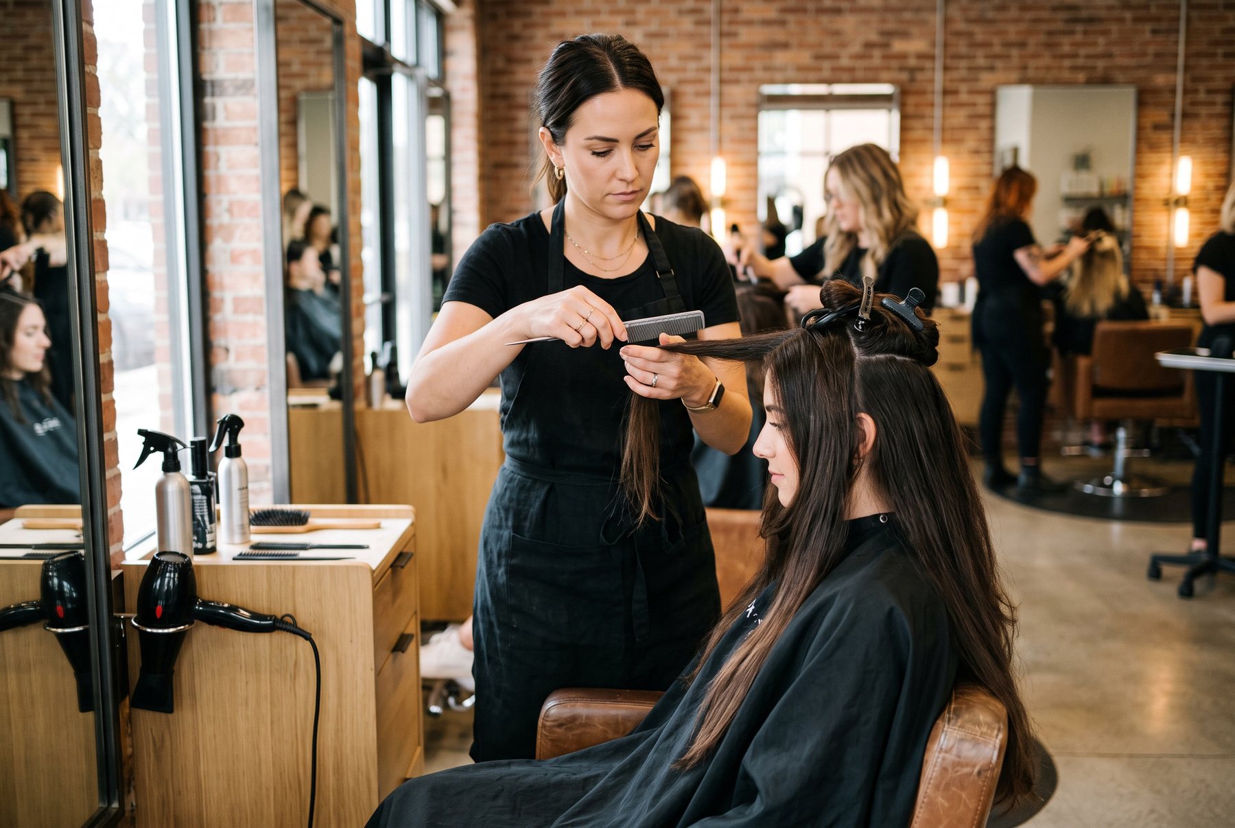 A trained stylist sectioning a client's hair in a salon