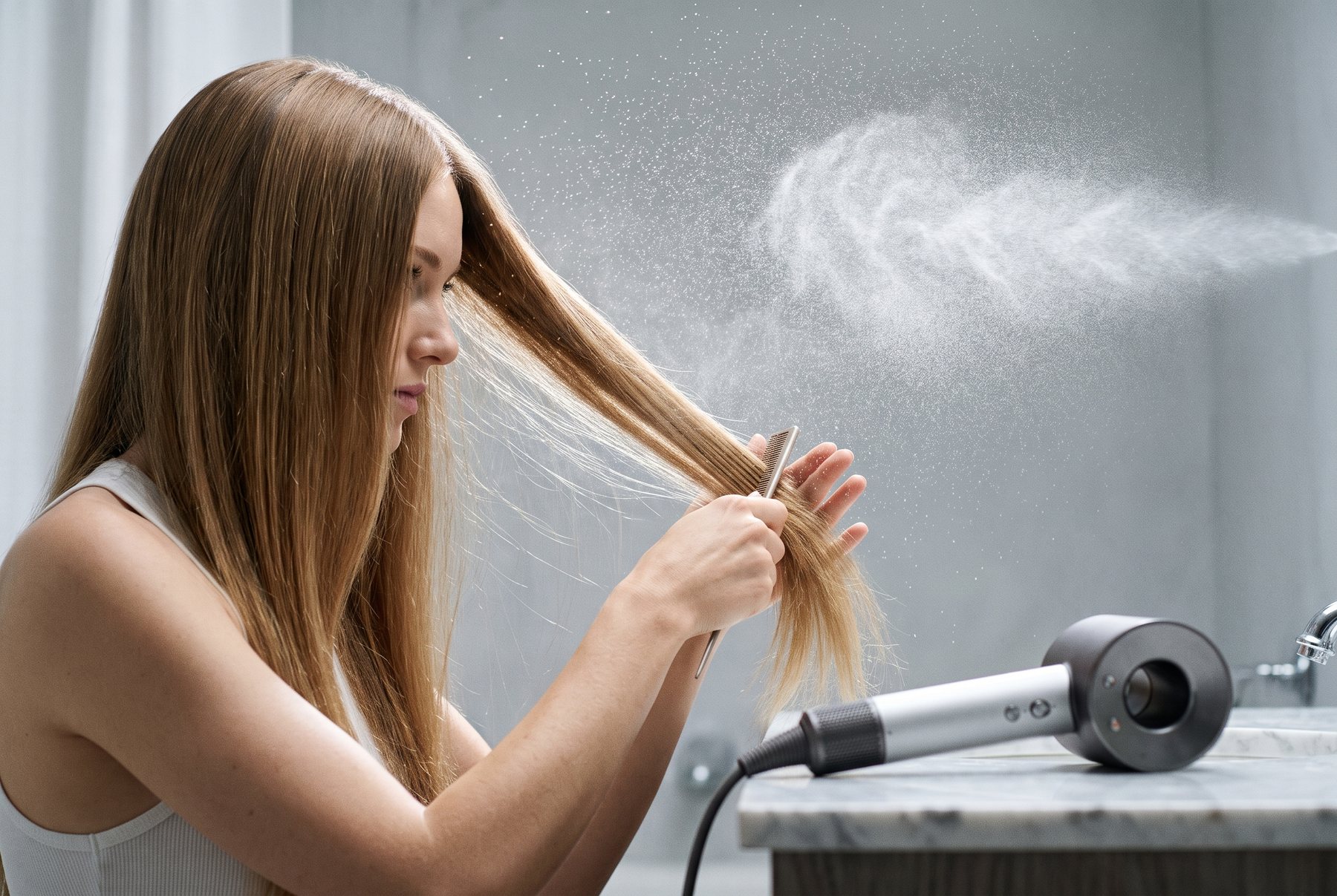 Misting heat protectant through a section before blow-drying