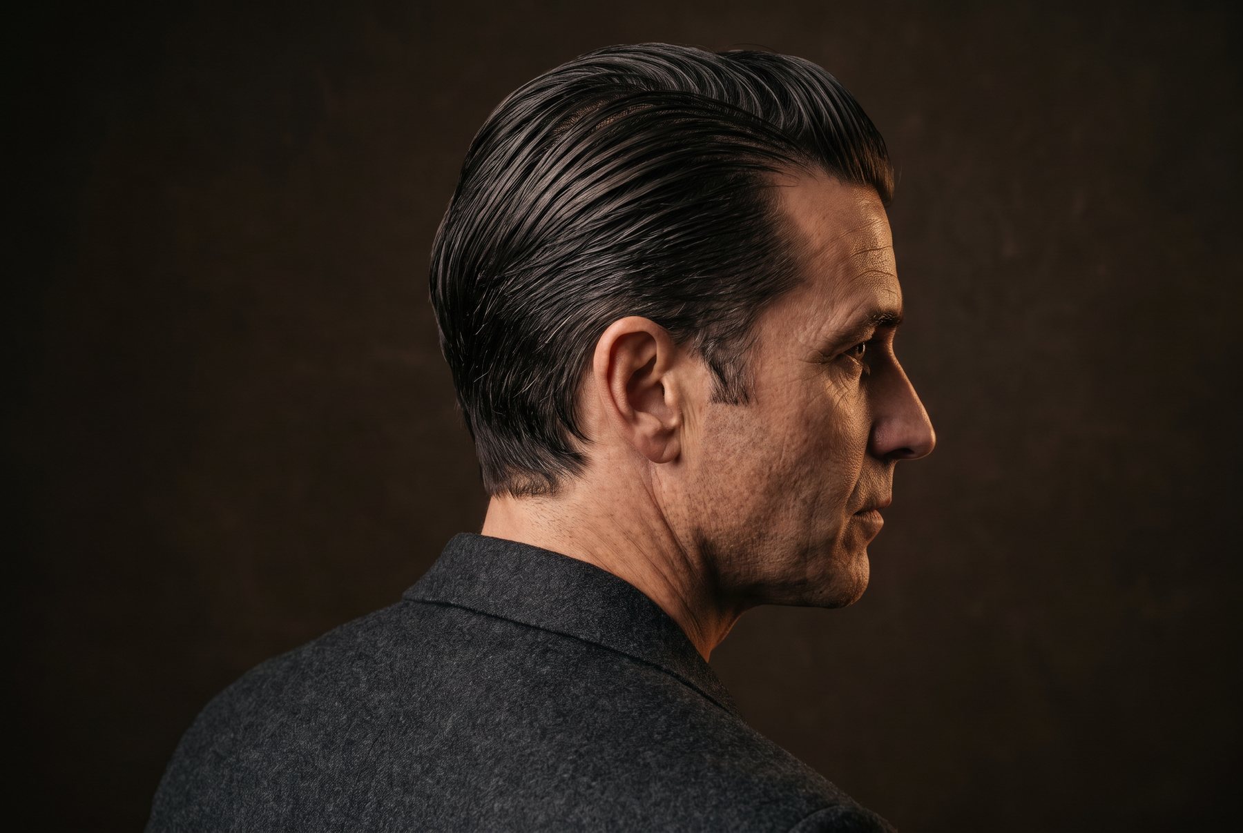 Short slick combed-back style with believable polished sheen