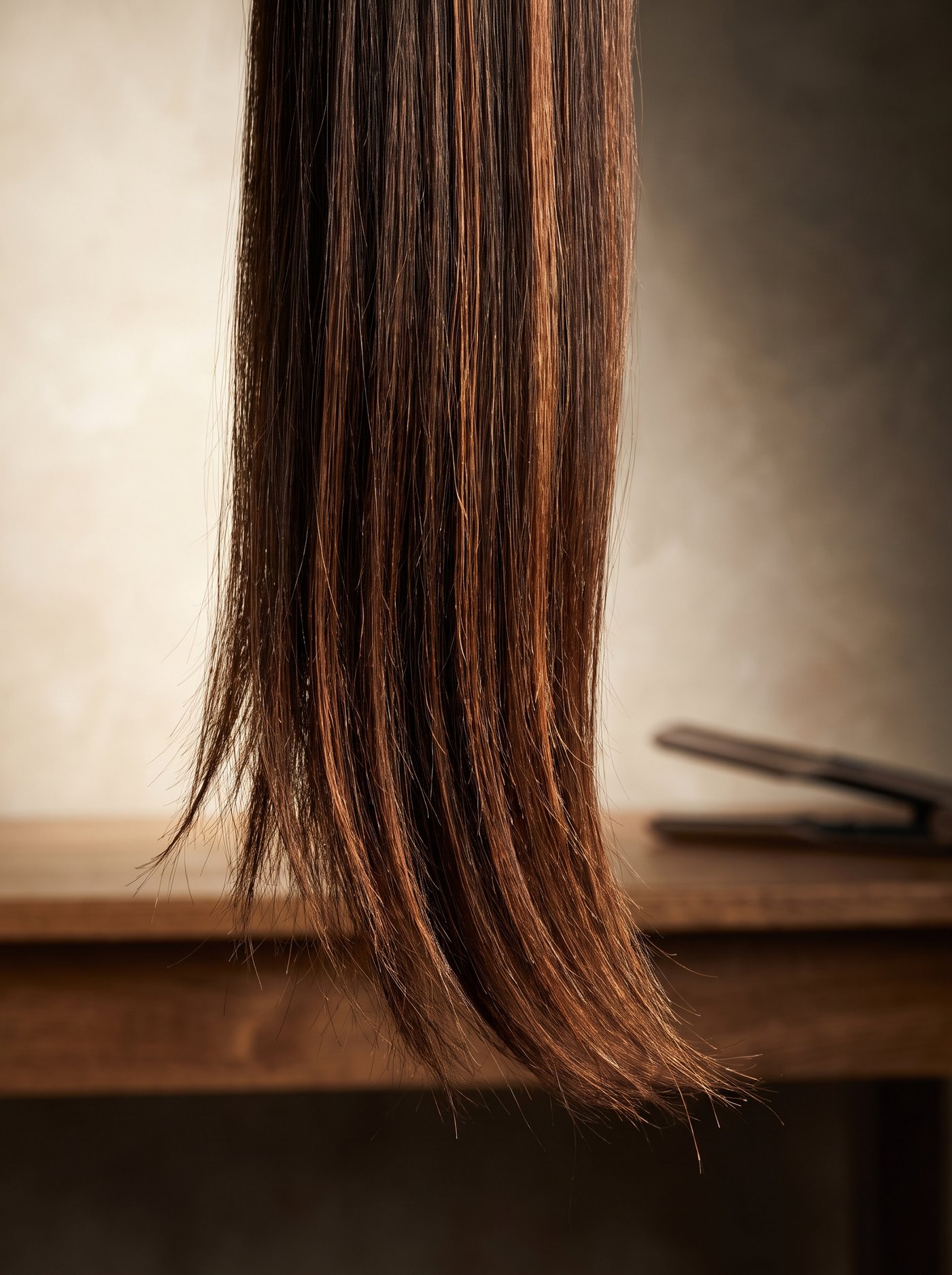 Heat-styled dark hair lengths shown honestly with styling stress near the ends