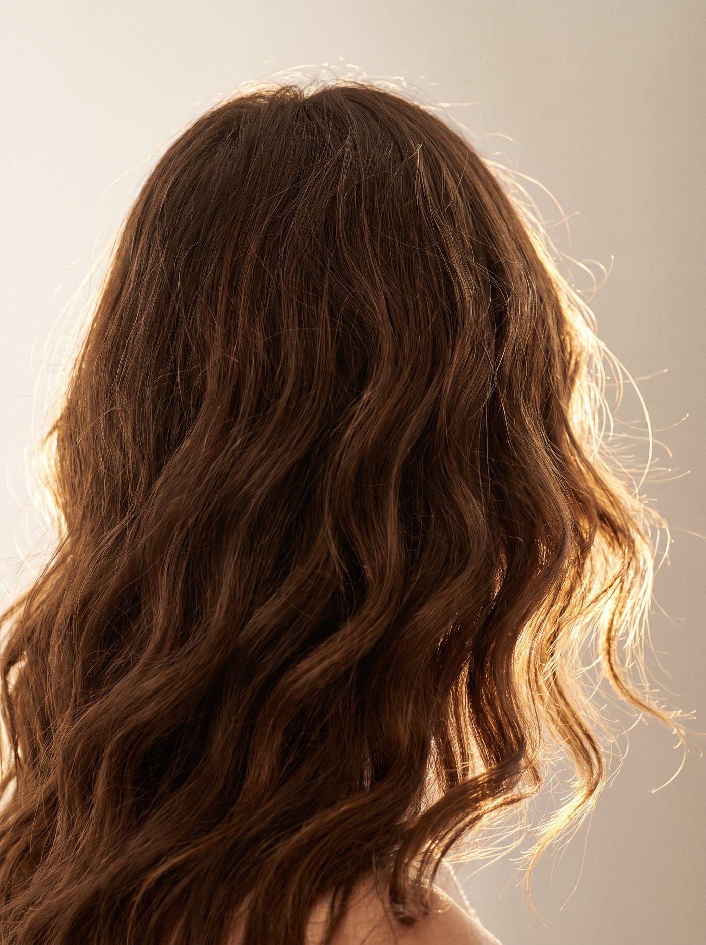 Naturally wavy hair with realistic small flyaways in warm backlight