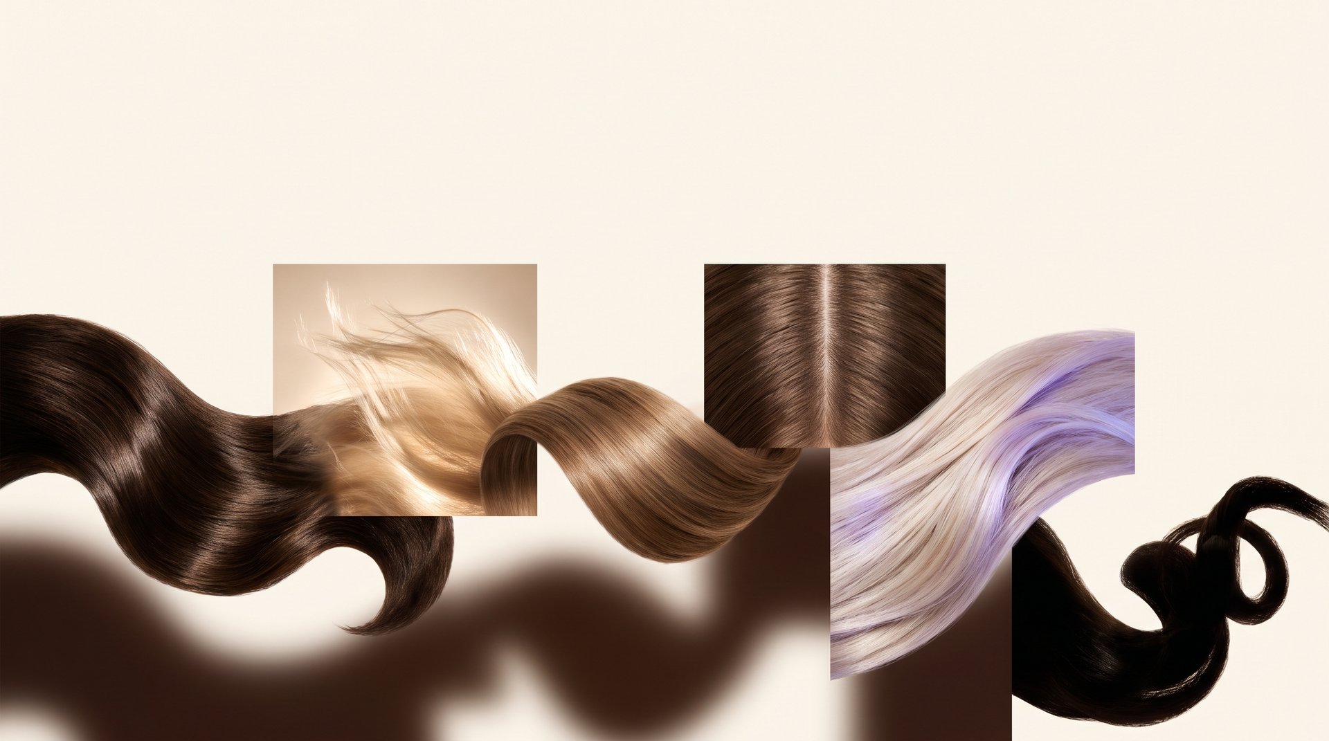 Editorial composition of six hair textures: hydrated shine, soft flyaways, heat-styled movement, a clean parting, violet-lit blonde strands and defined curls