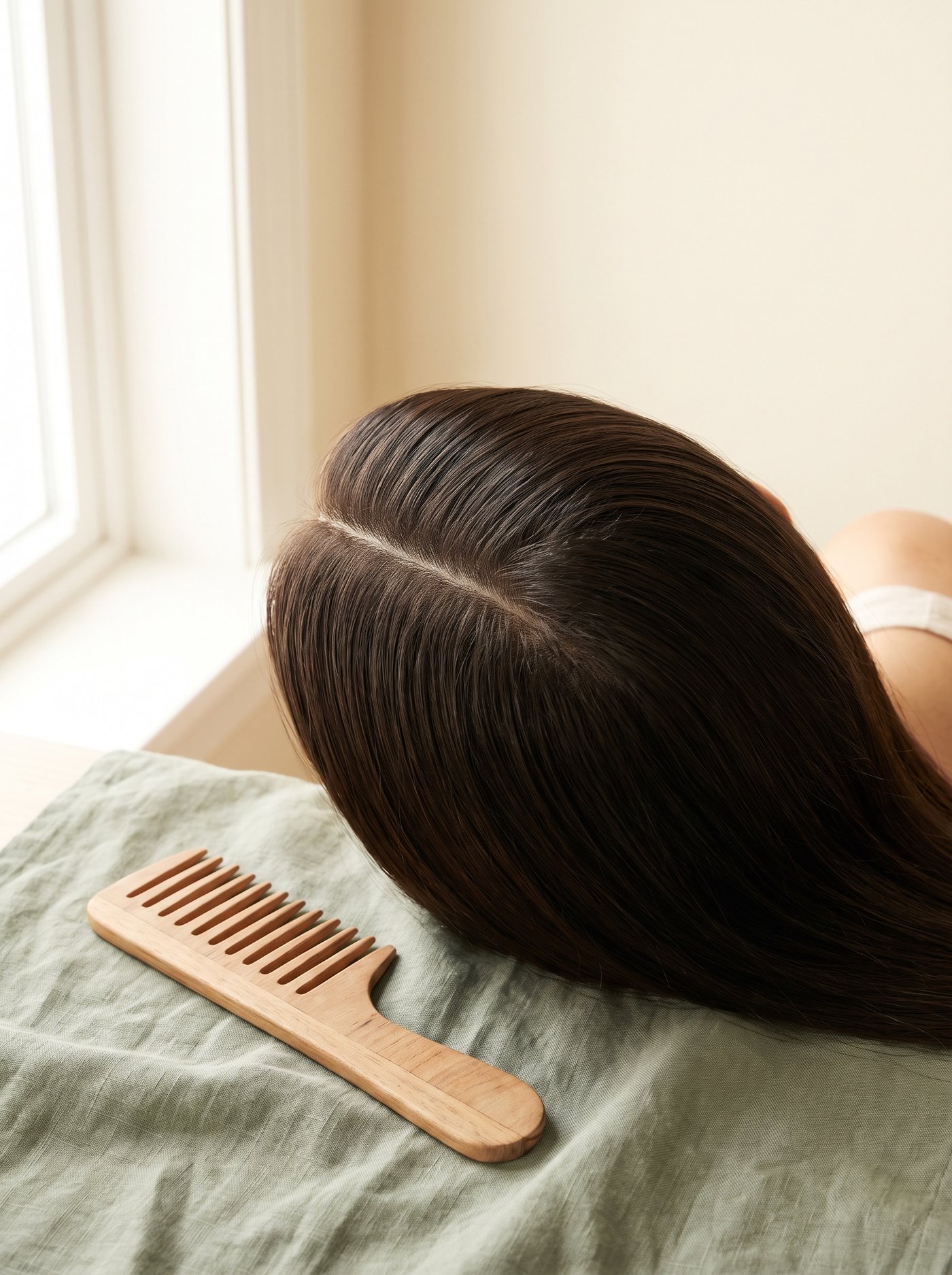 A clean straight hair parting with a wide-tooth comb on sage linen