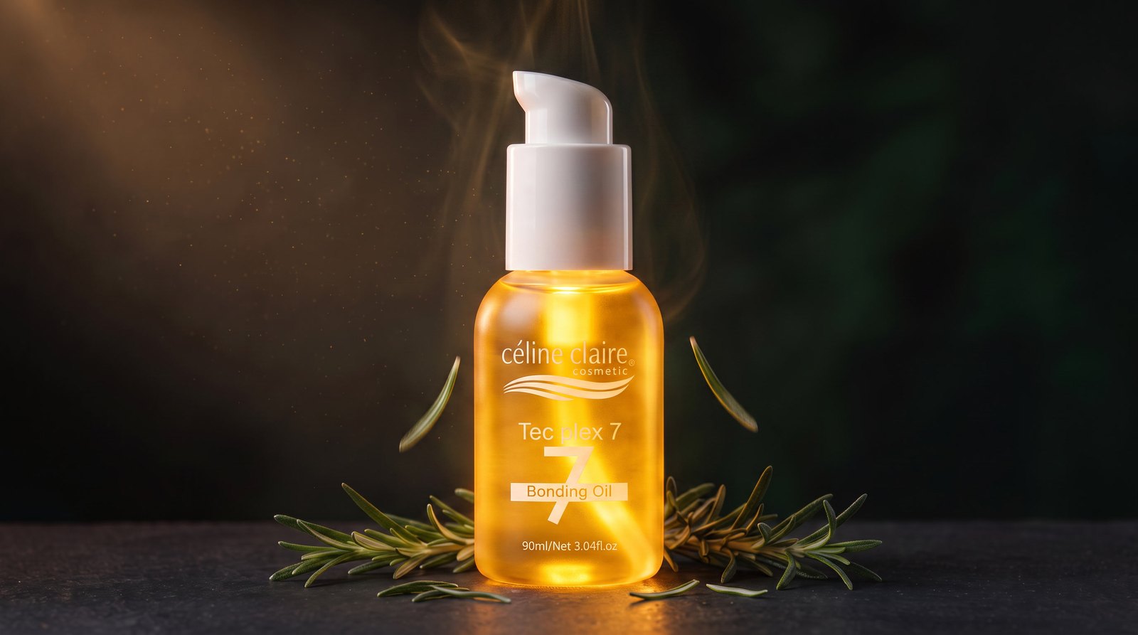 The Bonding Rosemary Oil bottle glowing warm amber among settled rosemary