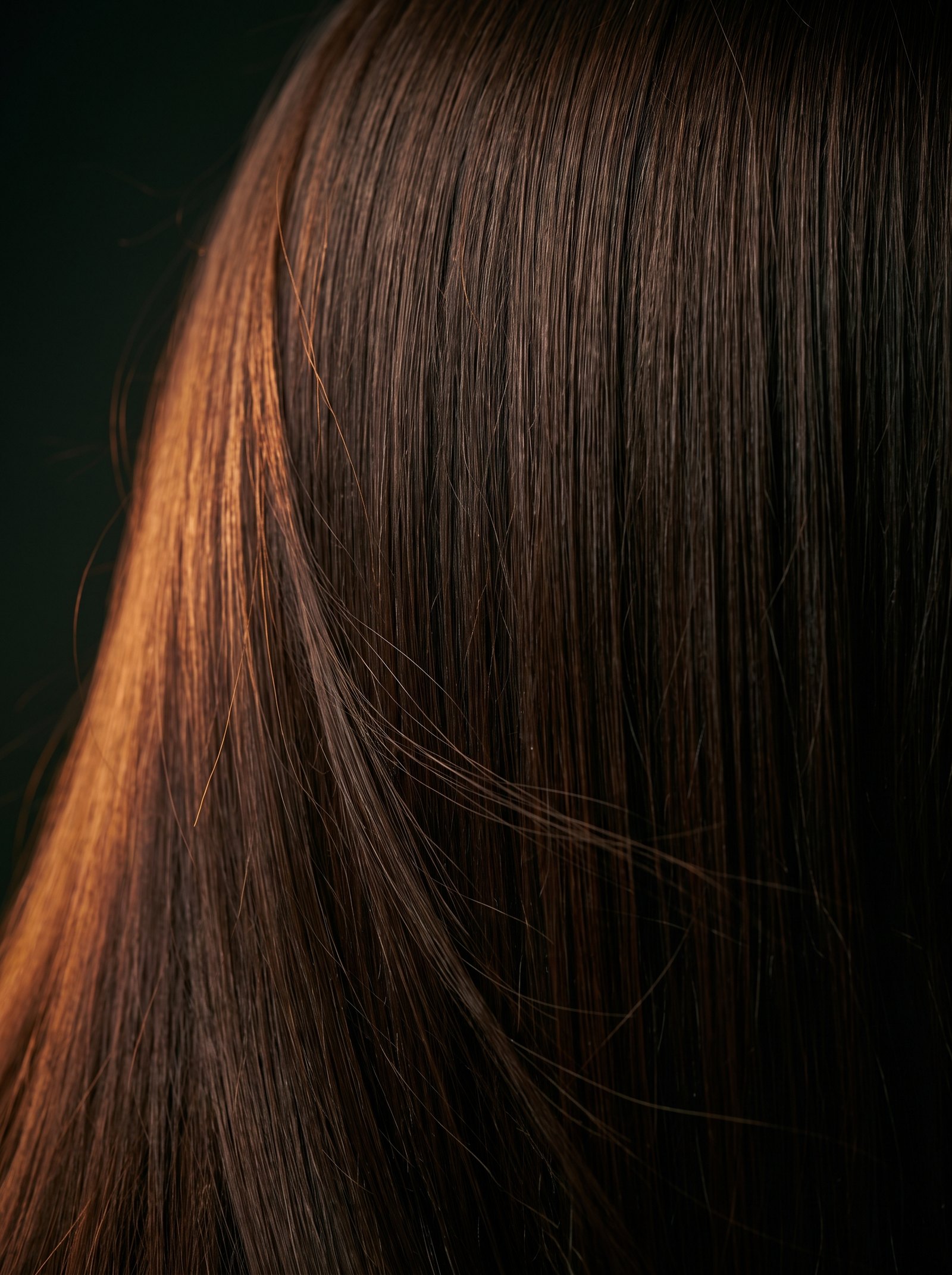 Close crop of heat-styled hair texture in warm amber light