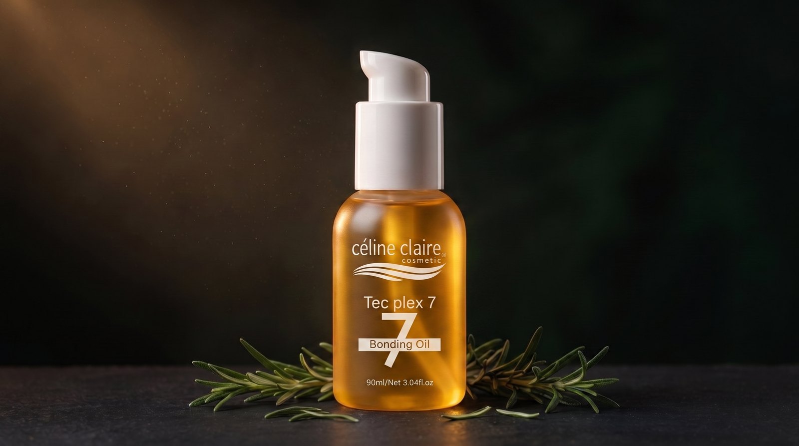 Céline Claire Bonding Rosemary Oil bottle glowing amber among resting rosemary sprigs