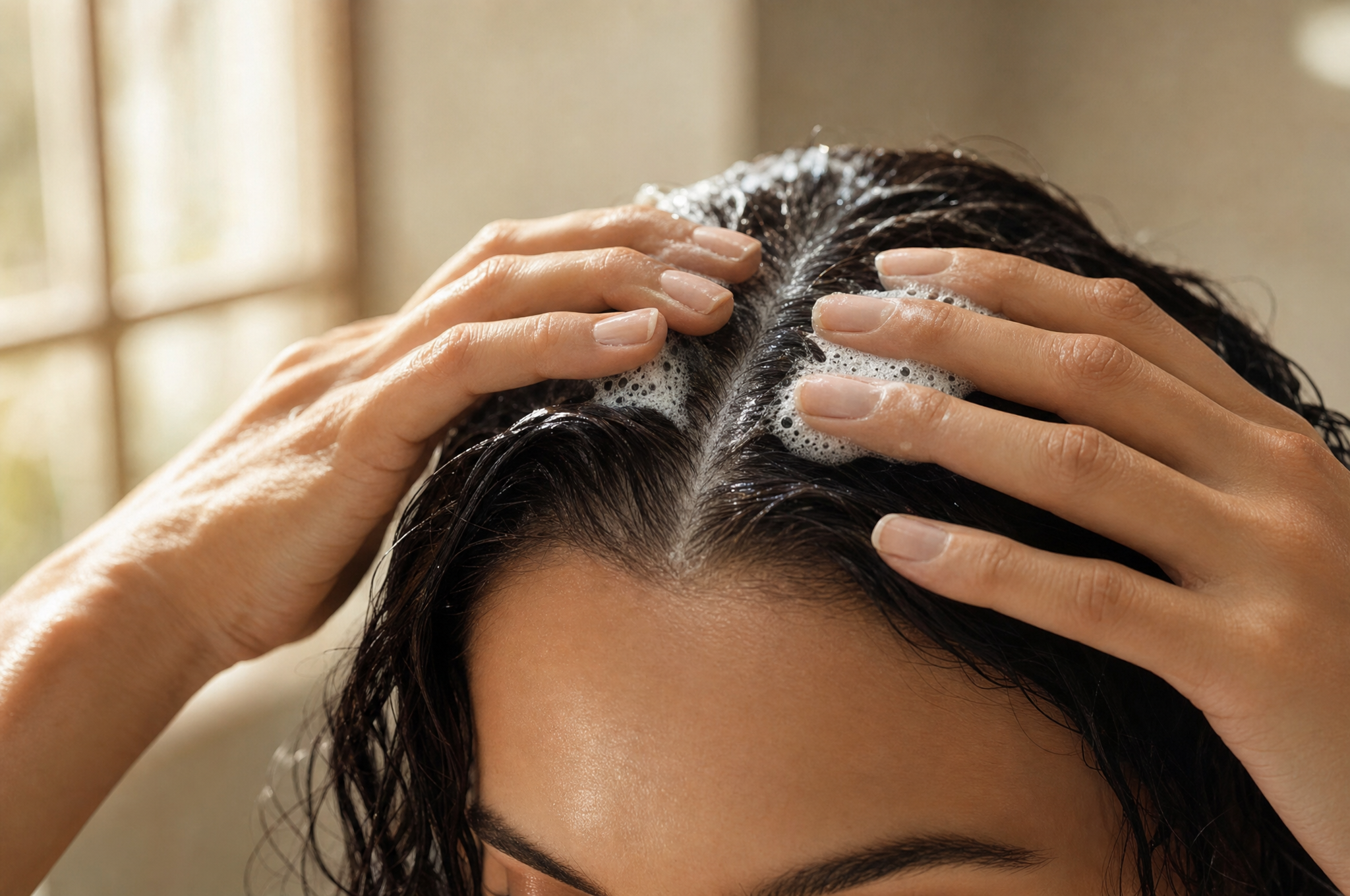 Gently massaging shampoo through wet roots and scalp