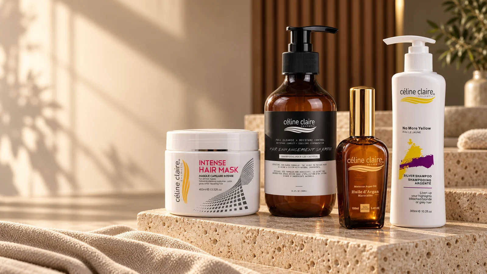 Celine Claire Hair Mask, Hair Enhancement Shampoo, Moroccan Argan Oil and Silver Shampoo arranged on warm stone