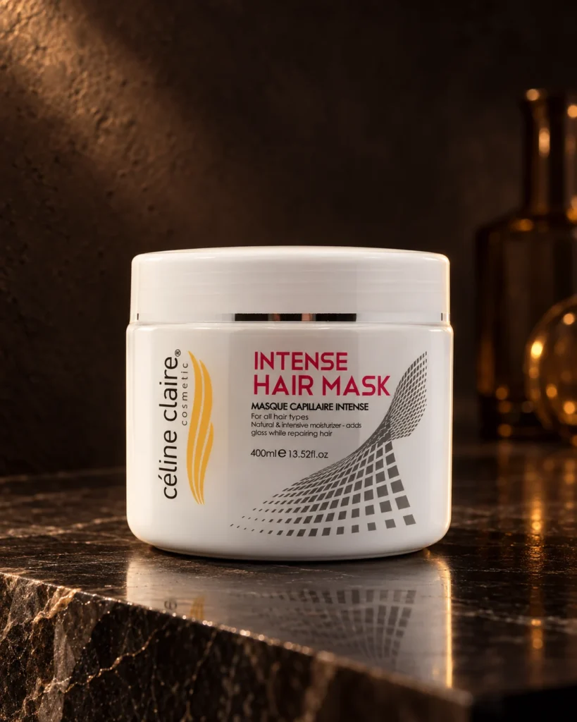 Celine Claire Intense Hair Mask jar on a dark marble counter in warm light