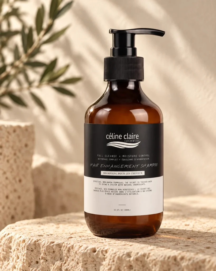 Celine Claire Hair Enhancement Shampoo bottle on a limestone plinth beside an olive branch