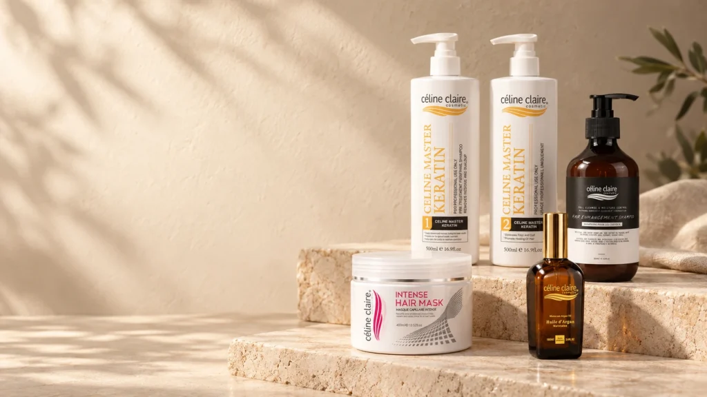 Celine Claire Celine Master Keratin steps 1 and 2, Intense Hair Mask, Moroccan Argan Oil and Hair Enhancement Shampoo arranged on travertine steps