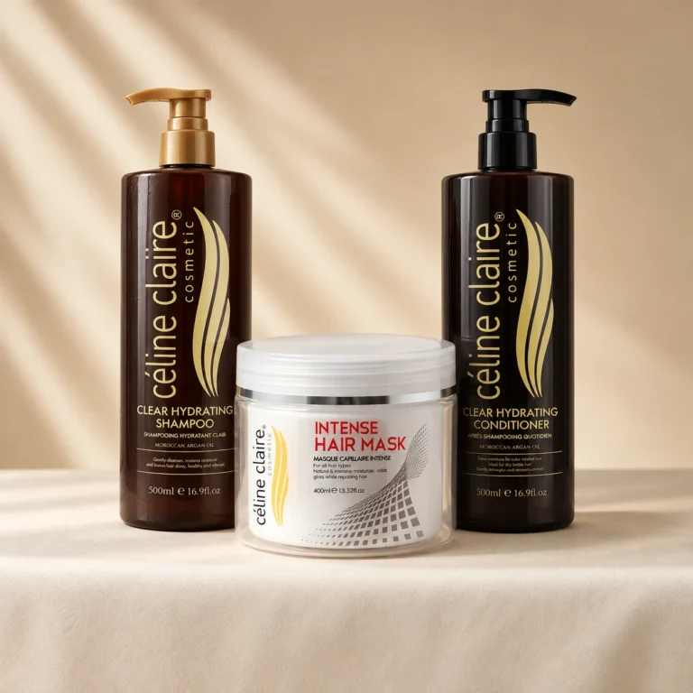Celine Claire Argan Oil Hydrating Shampoo 500 ml, Intense Hair Mask 400 ml and Argan Oil Hydrating Conditioner 500 ml standing together