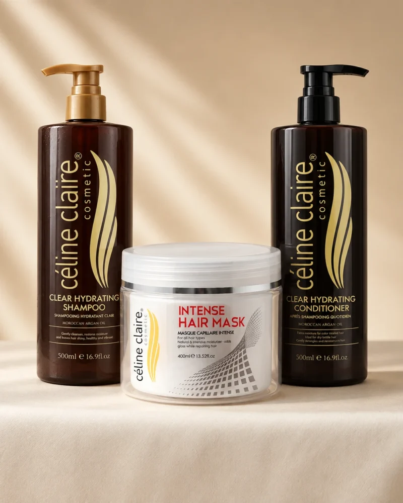 Celine Claire Argan Oil Hydrating Shampoo 500 ml, Intense Hair Mask 400 ml and Argan Oil Hydrating Conditioner 500 ml standing together