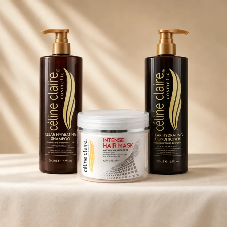Celine Claire Argan Oil Hydrating Shampoo 500 ml, Intense Hair Mask 400 ml and Argan Oil Hydrating Conditioner 500 ml standing together