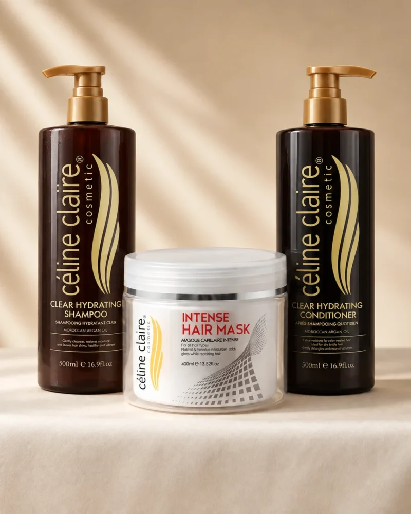 Celine Claire Argan Oil Hydrating Shampoo 500 ml, Intense Hair Mask 400 ml and Argan Oil Hydrating Conditioner 500 ml standing together