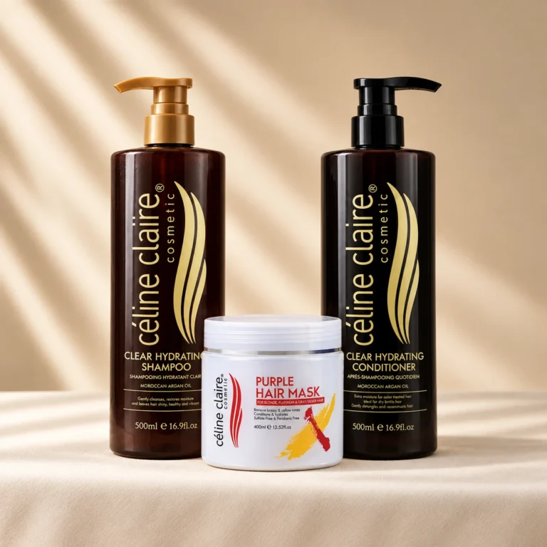 Celine Claire Argan Oil Hydrating Shampoo 500 ml, Purple Hair Mask 400 ml and Argan Oil Hydrating Conditioner 500 ml standing together