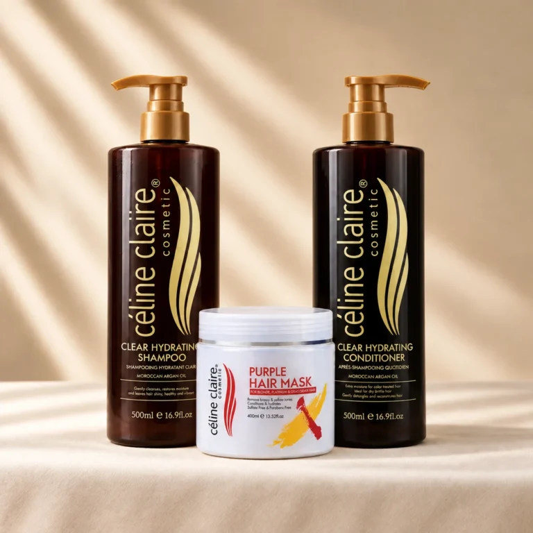 Celine Claire Argan Oil Hydrating Shampoo 500 ml, Purple Hair Mask 400 ml and Argan Oil Hydrating Conditioner 500 ml standing together