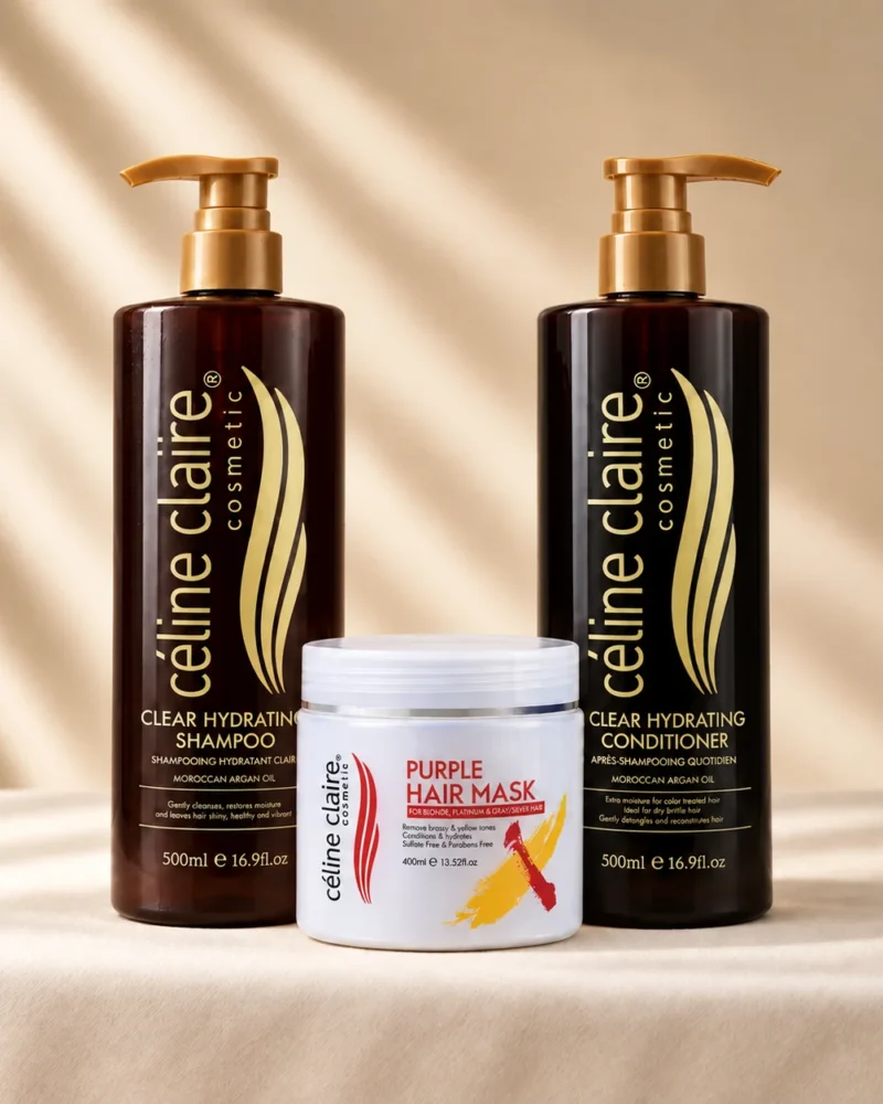 Celine Claire Argan Oil Hydrating Shampoo 500 ml, Purple Hair Mask 400 ml and Argan Oil Hydrating Conditioner 500 ml standing together