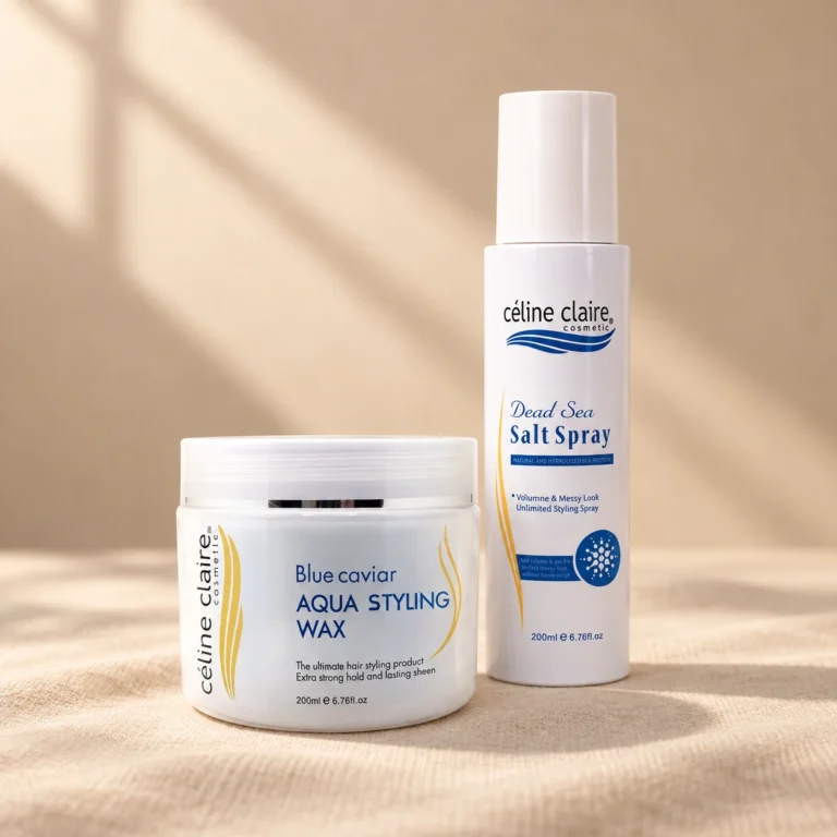 Celine Claire Blue Caviar Aqua Styling Wax 200 ml and Dead Sea Salt Spray 200 ml standing together