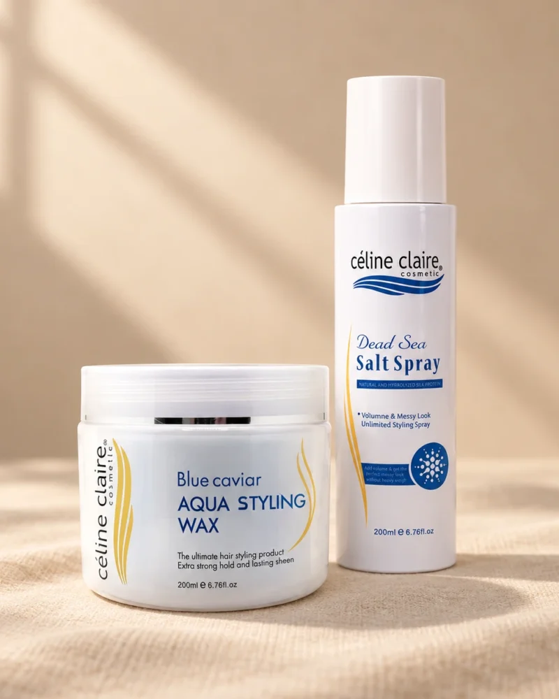 Celine Claire Blue Caviar Aqua Styling Wax 200 ml and Dead Sea Salt Spray 200 ml standing together