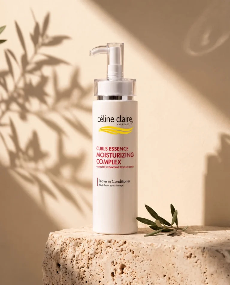 Celine Claire Curls Essence Moisturizing Complex leave-in conditioner bottle on a travertine block beside an olive sprig