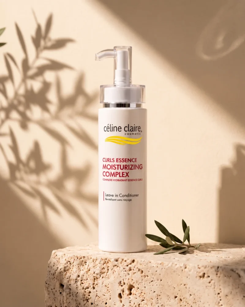 Celine Claire Curls Essence Moisturizing Complex leave-in conditioner bottle on a travertine block beside an olive sprig