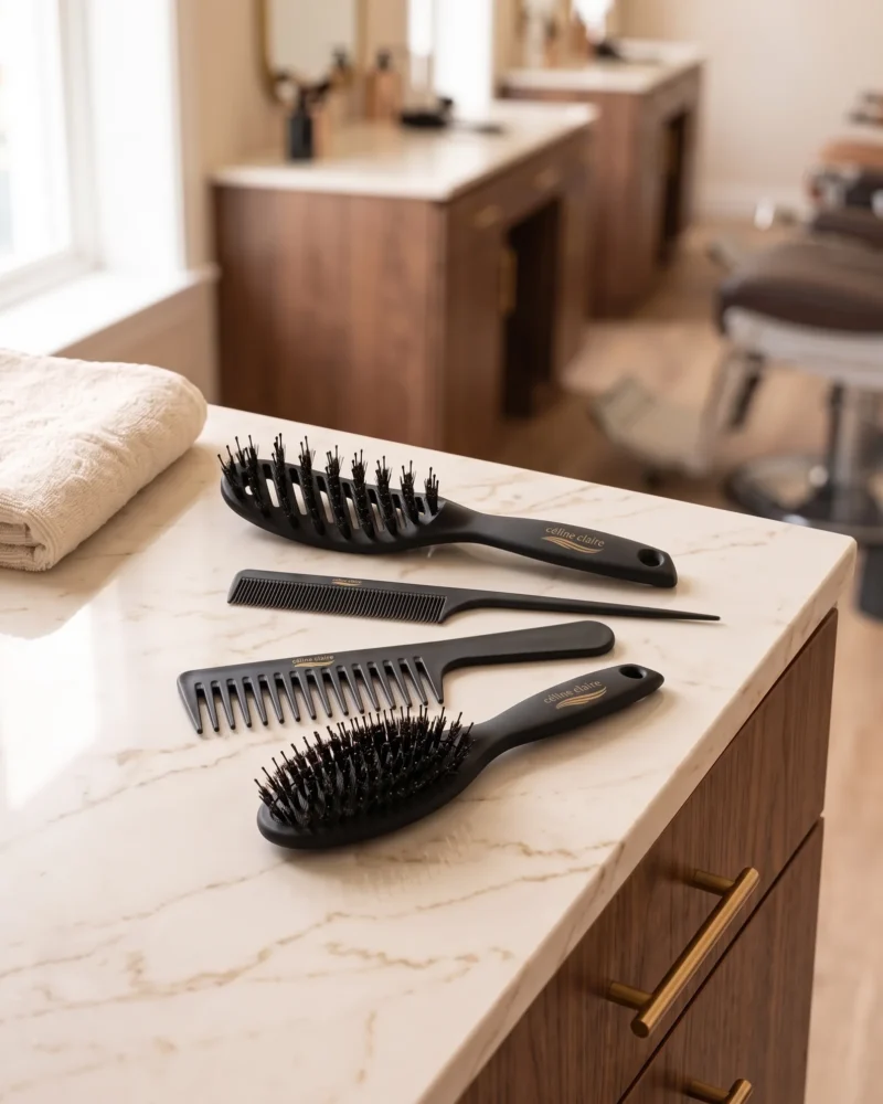 Celine Claire 4-Piece Hair Brush Set on a salon counter