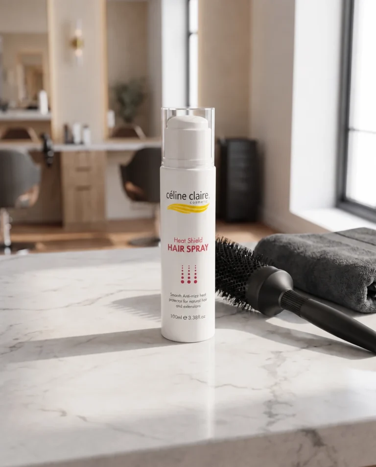 Celine Claire Heat Shield Hair Spray 100 ml non-aerosol pump bottle on a marble salon counter beside a round brush and towel