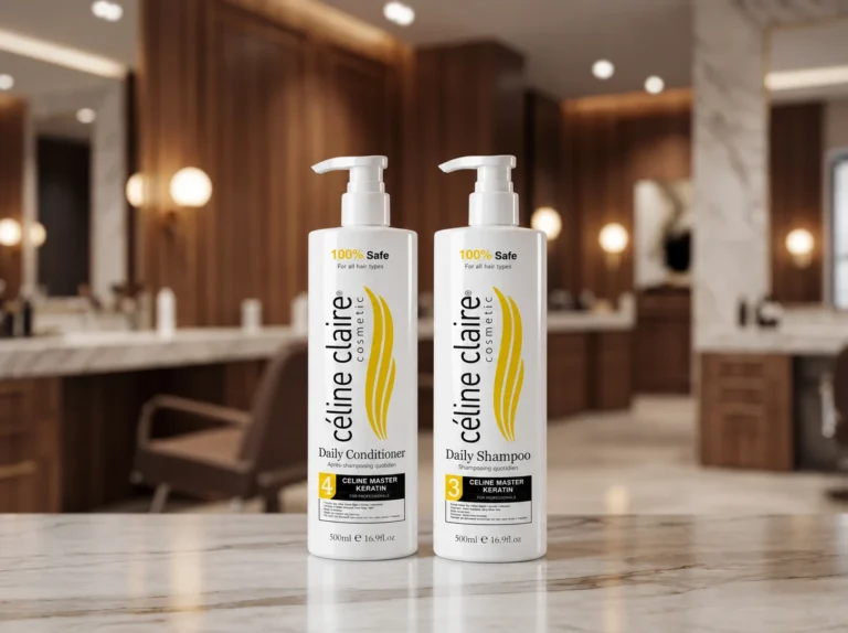 Celine Claire Celine Master Keratin Daily Shampoo 500 ml and Daily Conditioner 500 ml standing on a salon counter