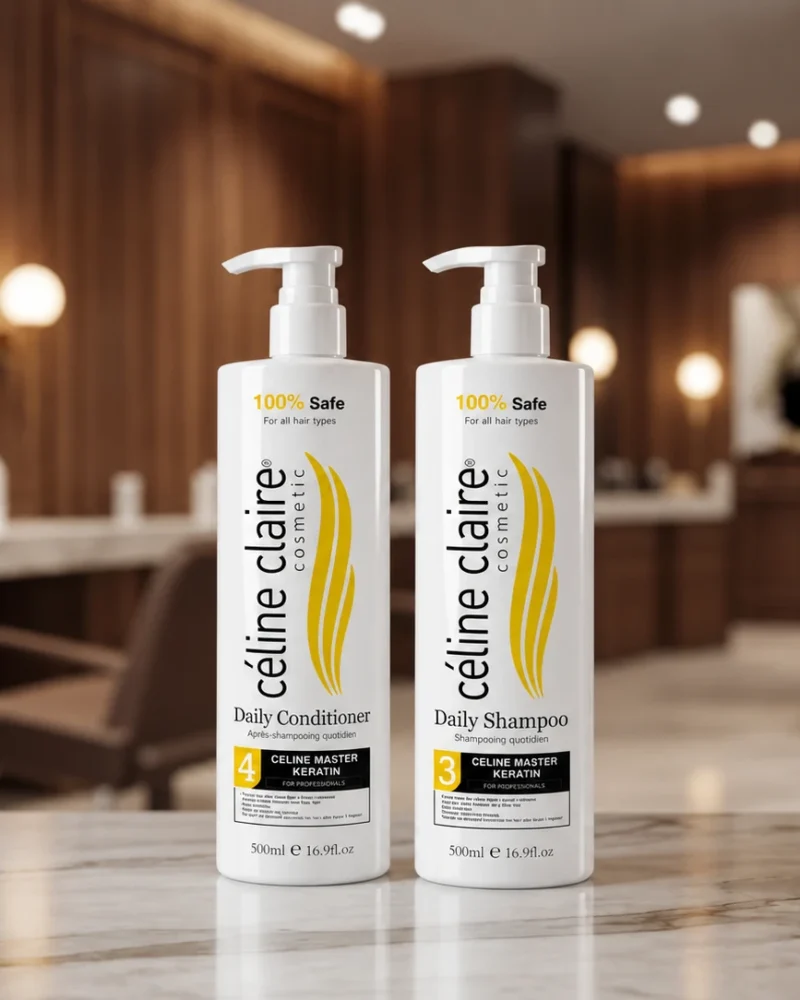 Celine Claire Celine Master Keratin Daily Shampoo 500 ml and Daily Conditioner 500 ml standing on a salon counter