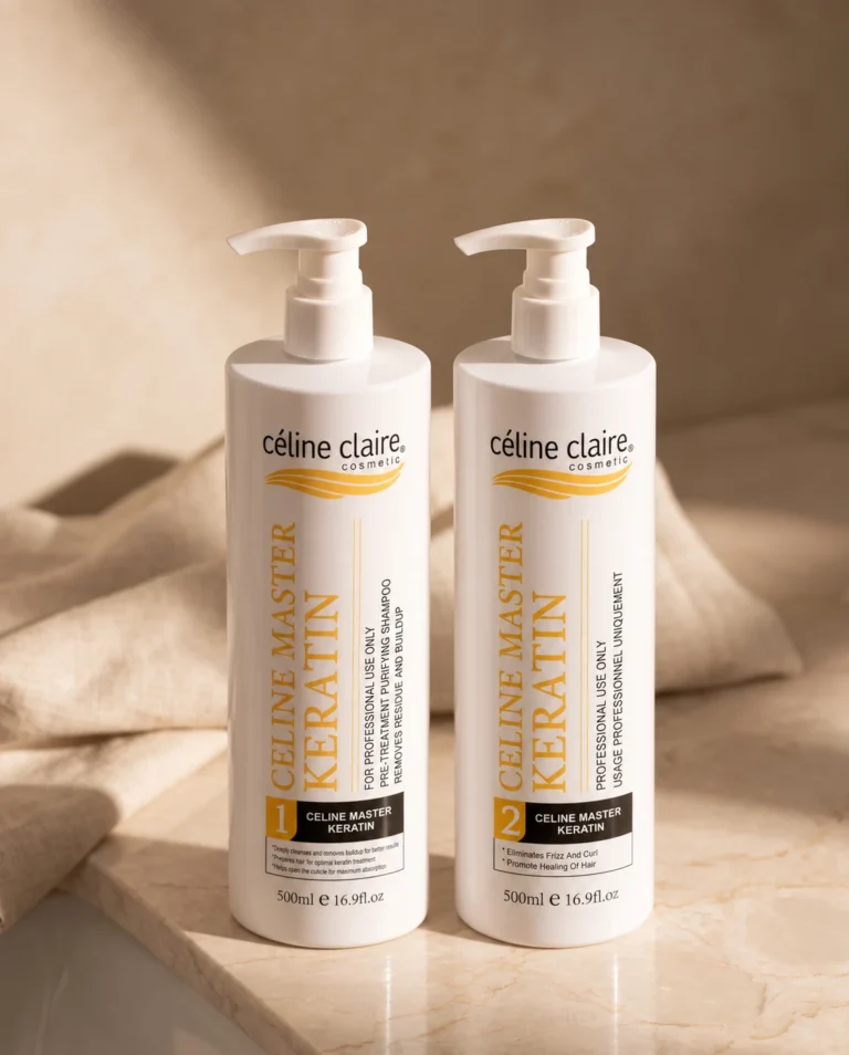 Celine Claire Celine Master Keratin step 1 Pre-Treatment Purifying Shampoo 500 ml and step 2 Hair Botox 500 ml standing side by side
