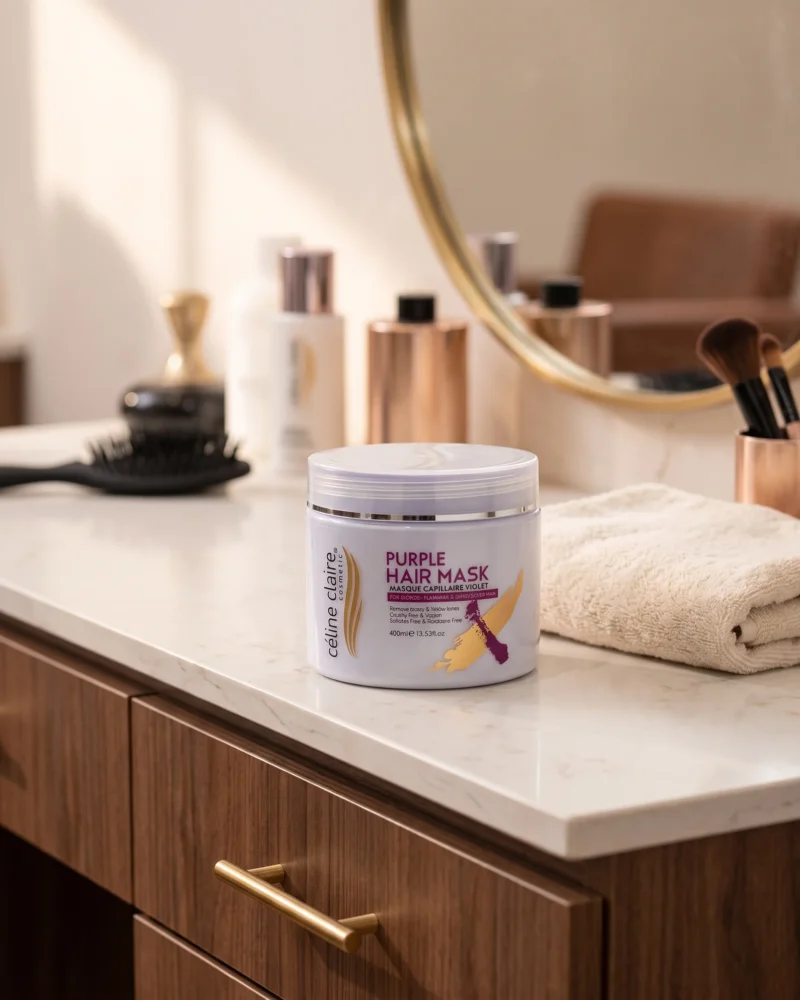 Purple Mask For Blonde Hair on a salon counter
