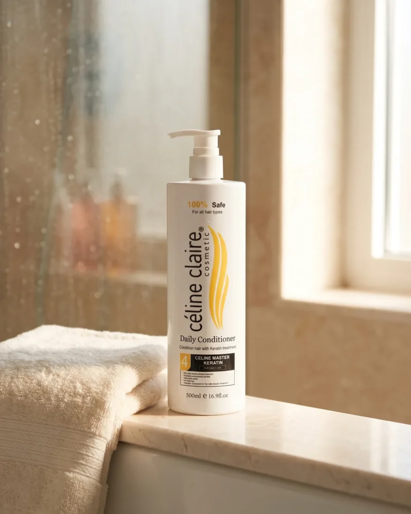 Celine Claire Keratin and Botox Daily Conditioner on a marble bathroom ledge