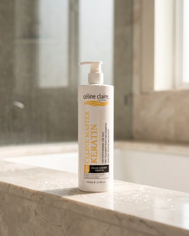 Celine Claire Celine Master Keratin purifying shampoo on a marble bathroom ledge