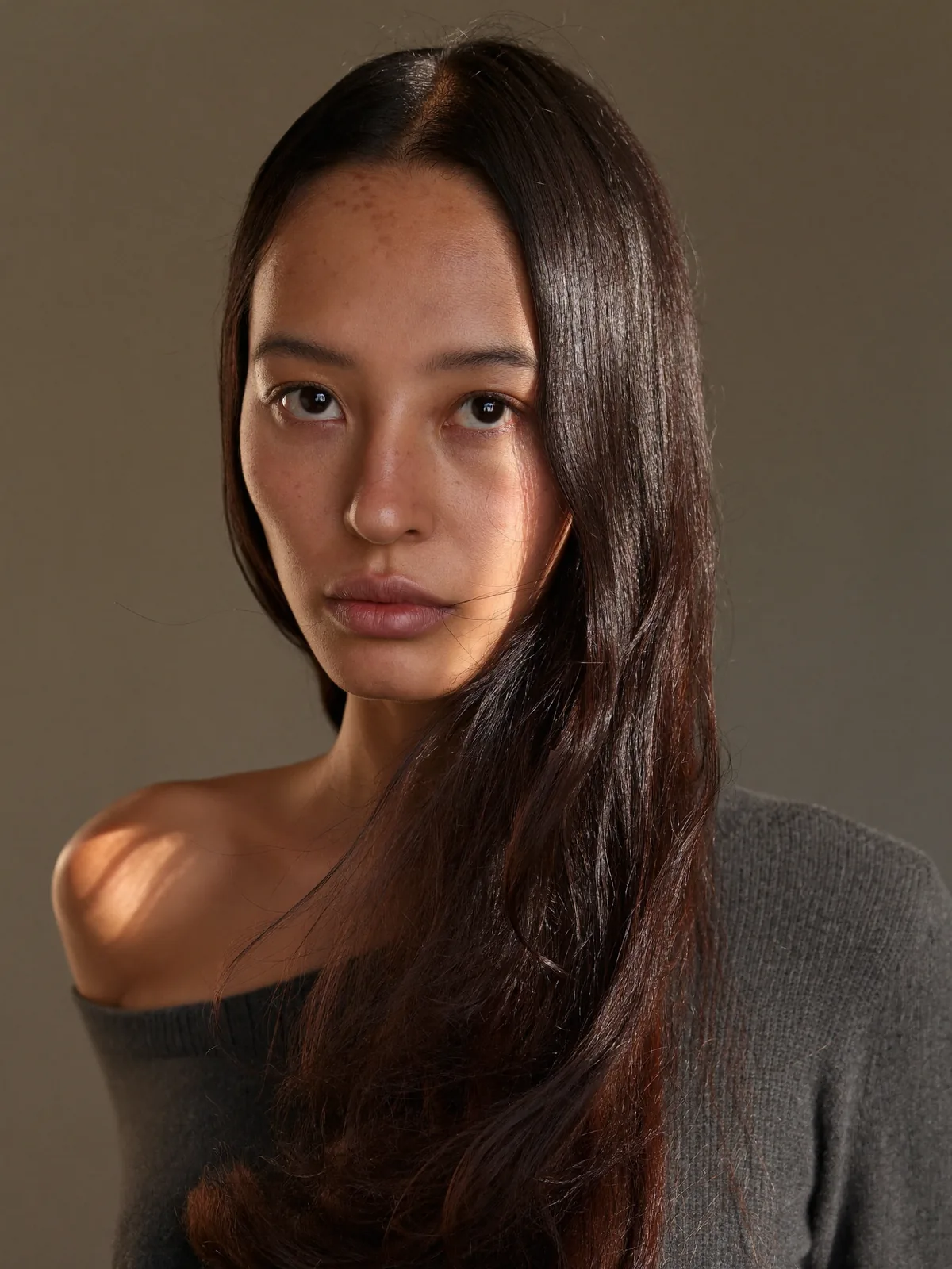 Long dark hair with warm caramel highlights falling in soft dimensional layers.